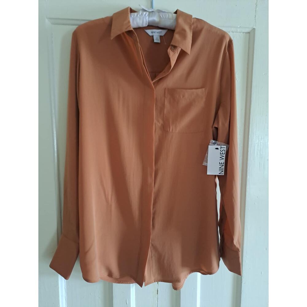 Nine West Women's Blouse shirt 40$ Copper Orange Collared Button Down NWT